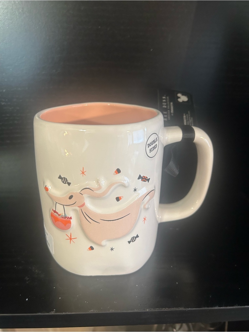 Rae Dunn White Ceramic Mug with Pink Interior and Halloween Dog Design